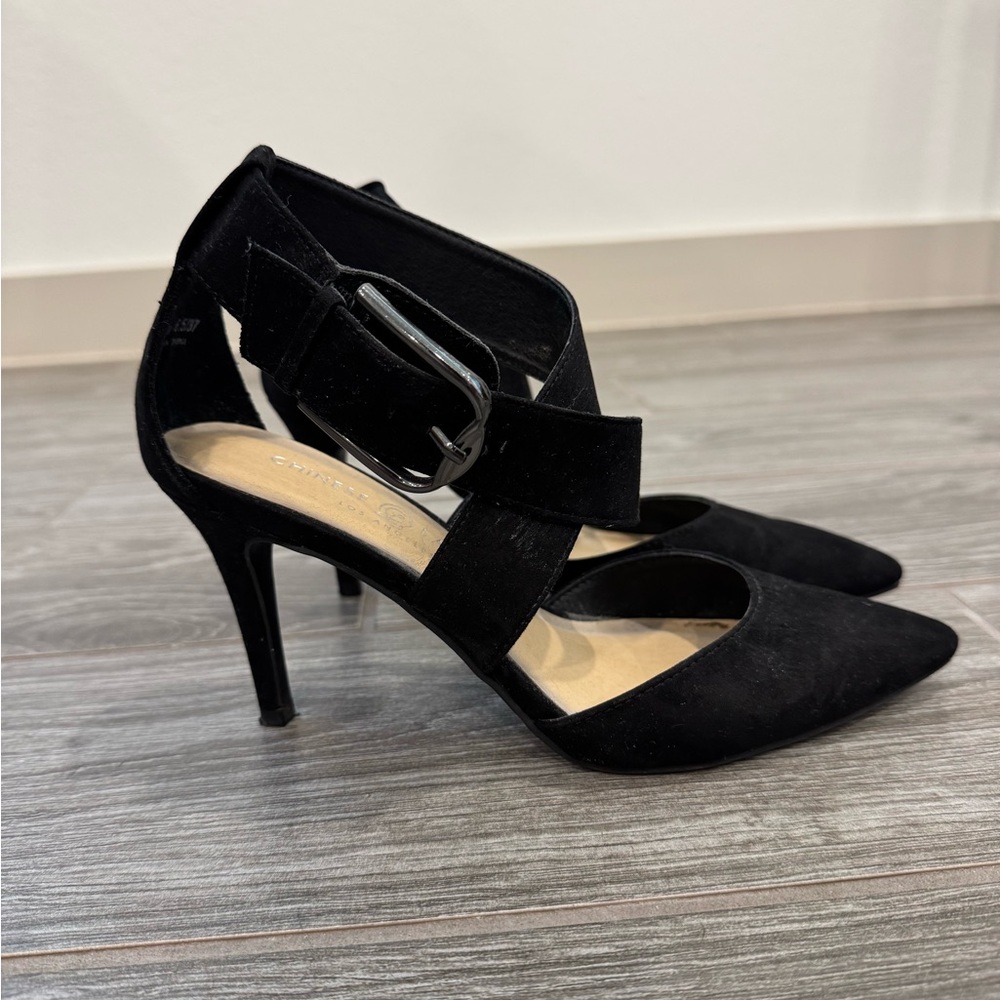 Chinese Laundry Black Suede Pointed-Toe Heels with Buckle Strap